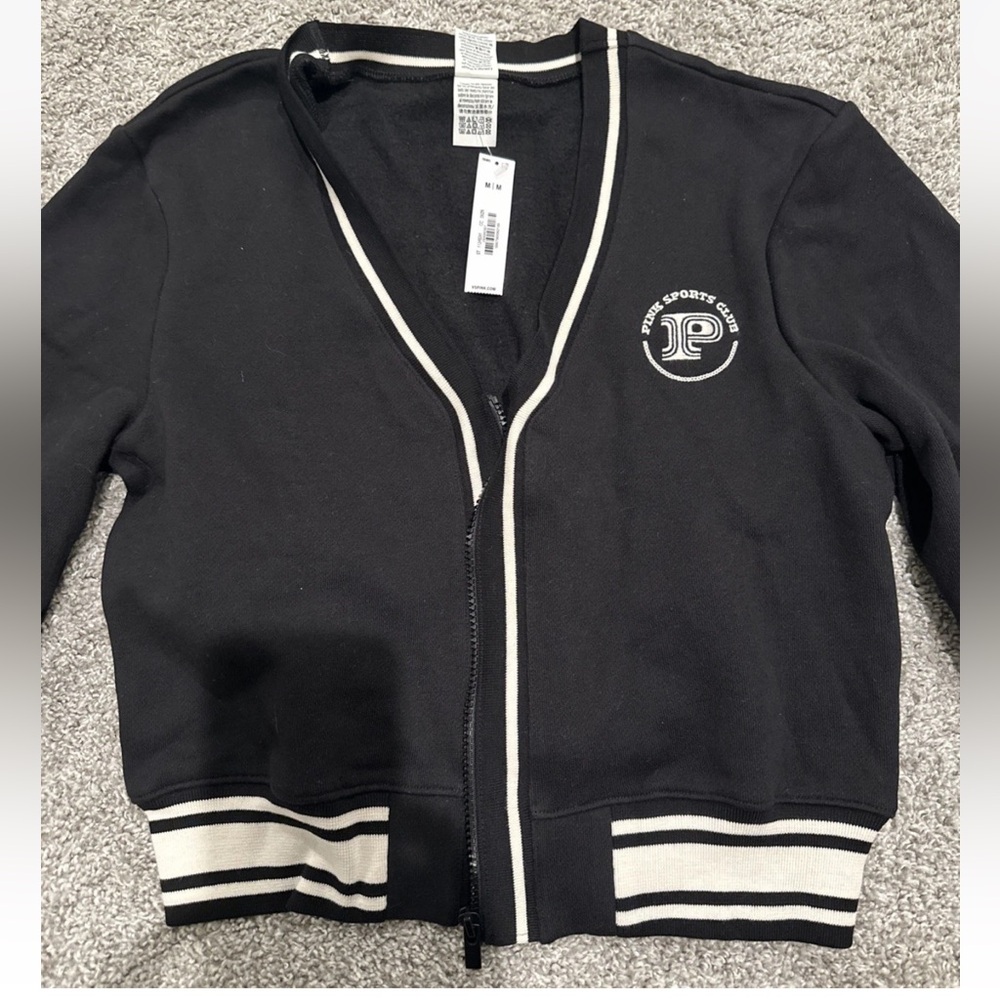 PINK Victoria's Secret Black Cropped Cardigan with Cream Trim